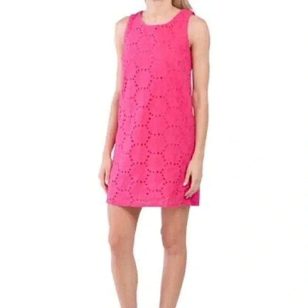 Sigrid Olsen Womens Small Pink Eyelet Floral Cotton Shift Mini Dress Sleeveless